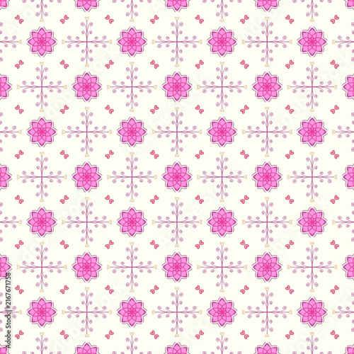 Pink floral seamless pattern with delicate ornamental swirls and small heart accents on a soft cream background, creating a charming, romantic, and feminine decorative design
