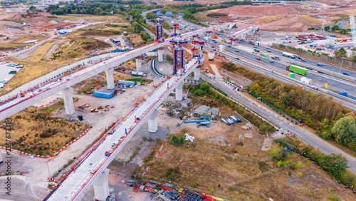 Aerial view of the construction of the HS2 train viaducts in Water Orton Delta Junction over the M42 motorway with one of the largest viaducts on the line
