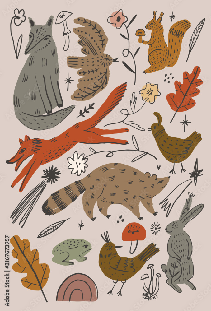 Obraz premium Childish doodle Scandinavian style forest animals vector set, hand drawn fox raccoon rabbit squirrel bird frog mushroom leaf nature clipart collection bundle