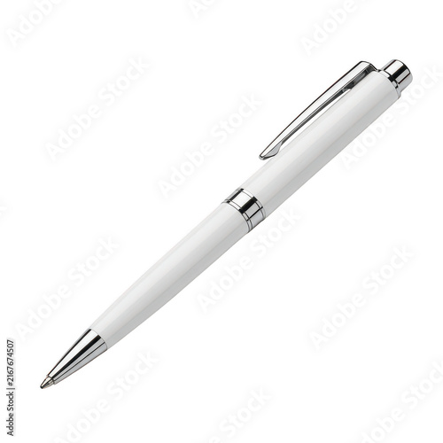 White ballpoint pen with silver metal accents isolated on a clean background isolated on transparent background