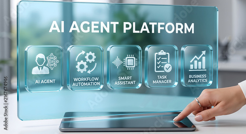 Obraz na płótnie Hands interacting with a transparent screen displaying ai agent platform interface concepts