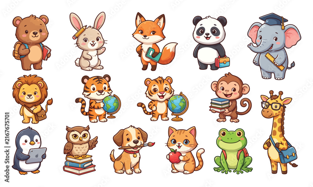 Obraz premium Cute Cartoon Animals Back to School Sticker Set, Educational Vector Illustration Collection on White Background