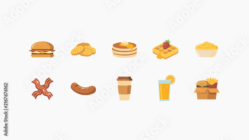 Fast food breakfast vector icon sheet – Great for morning menu boards, diner advertising, or food tech.