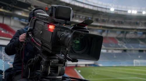Professional broadcast video camera at a sports stadium.