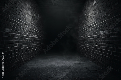 Dark brick walls converge towards a shadowy center creating a dramatic alleyway scene