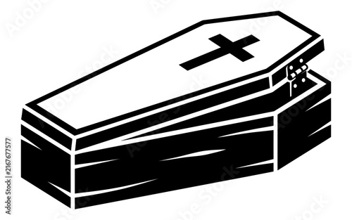 Open wooden coffin with cross symbol black and white illustration