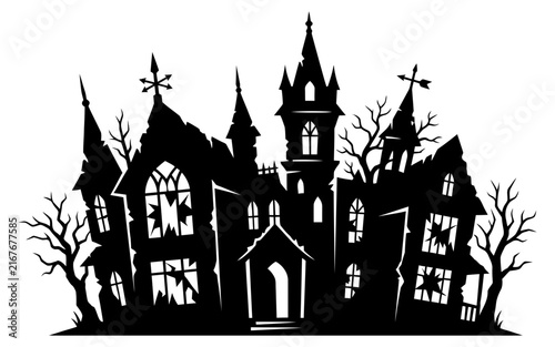 Spooky Haunted House Silhouette with Broken Windows and Dead Trees