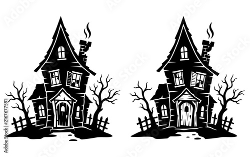 Spooky Haunted House Silhouette Halloween Vector Illustration Set