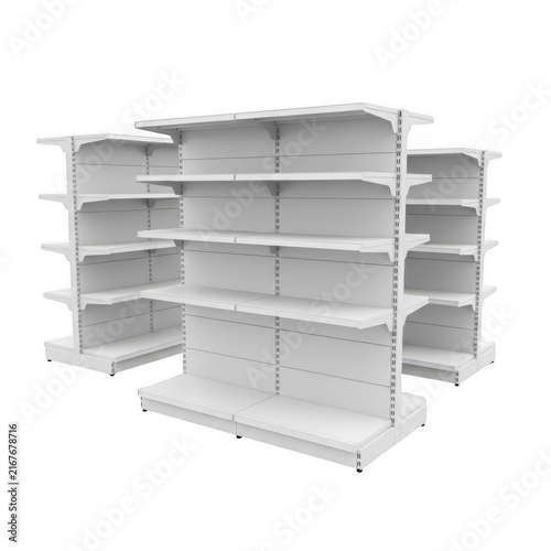 Empty white metal retail store shelves for products isolated on transparent background