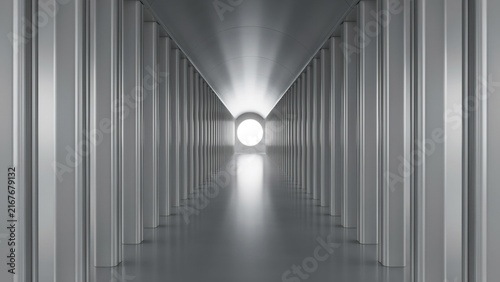 Symmetrical futuristic corridor featuring polished metallic surfaces and bright circular light source at tunnel end with surfaces repeating vertical