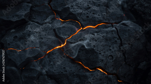 Cracked Earth with Fiery Veins: Abstract close-up of dark, cracked earth with glowing orange veins of lava or fire seeping through, evoking a sense of geological power and intense heat.