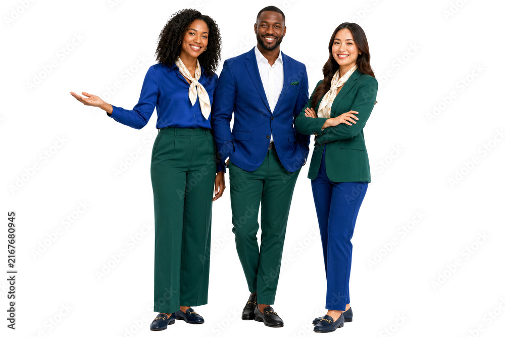 Obraz premium Three diverse business professionals smiling and posing together. Corporate team, office workers, professional services.