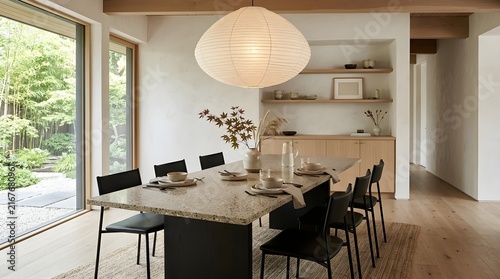 Modern minimalist dining room with large stone table, black chairs, and panoramic window overlooking garden.