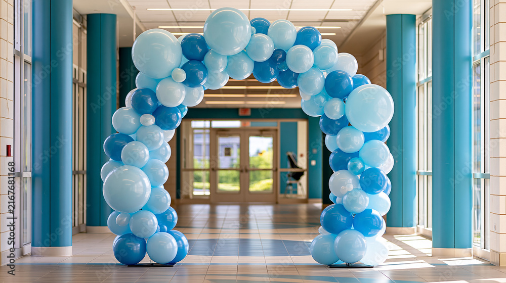 Naklejka premium High school formal dance entrance decorated with an elegant balloon arch, school celebration, homecoming event, prom party, festive venue decoration, with copy space