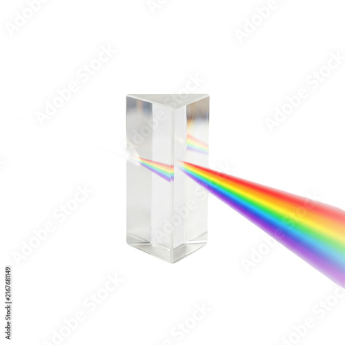 Clear glass triangular prism refracts a white light beam into a vibrant rainbow spectrum inside a dark studio