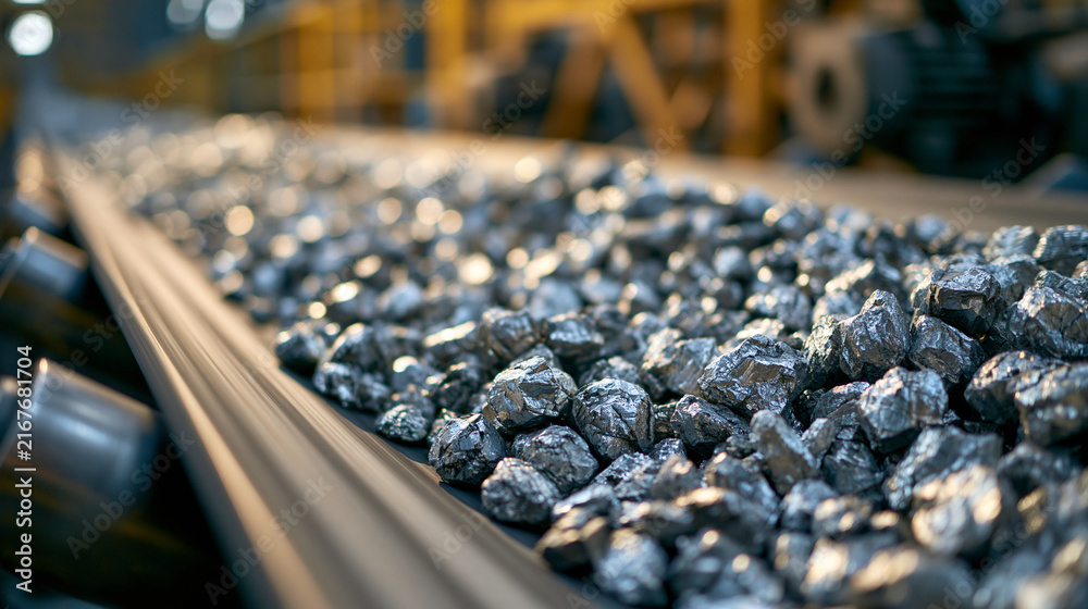 Fototapeta premium Industrial coal chunks moving along a conveyor belt in a processing plant. This imagery represents energy production and heavy mining industry concepts.
