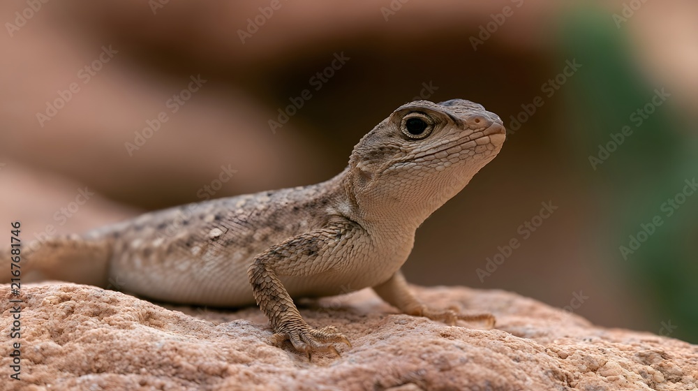Fototapeta premium A small lizard with textured scales perches alertly on a rough sunlit rock surface in a natural setting