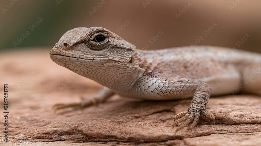 Fototapeta premium A close up of a lizard resting on textured rock showing detailed scales and alert eye with natural earth tones