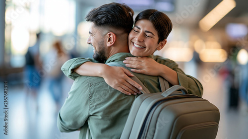 Emotional couple embracing at an airport arrivals terminal after long-distance separation, travel reunion, homecoming, love, happiness, warm welcome, defocused travelers, with