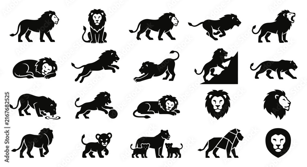 Obraz premium Lion Silhouettes: Majestic Feline Poses Collection - Walking, Running, Resting, Playing