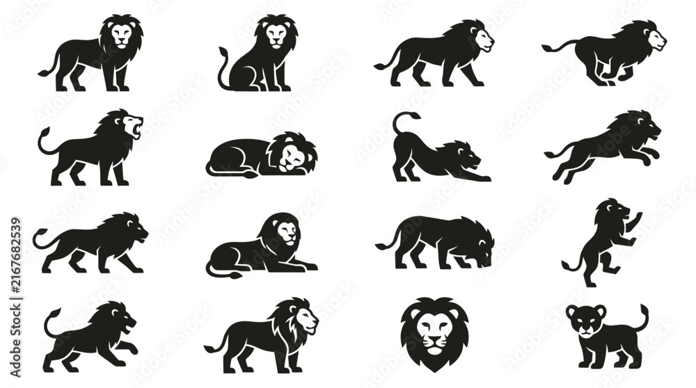 Obraz premium Lion Silhouette Collection: Majestic Feline Poses and Actions - Vector Icons