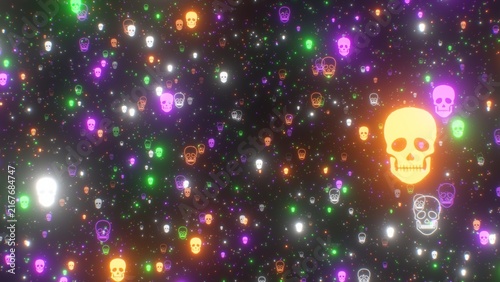 Foto Thousands Of Spooky Scary Skull Shapes Glowing Neon Halloween Colors - Abstract
