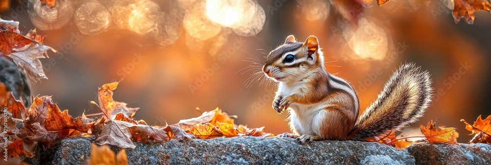 Fototapeta premium A chipmunk perches on a weathered concrete wall surrounded by fallen autumn leaves