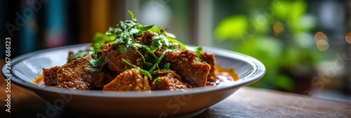 Spicy mutton curry, known for its rich flavor and made with goat meat and spices, garnished with fresh coriander. Suitable for non-vegetarian lovers