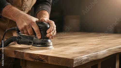 Hand sanding wooden surface with orbital sander
