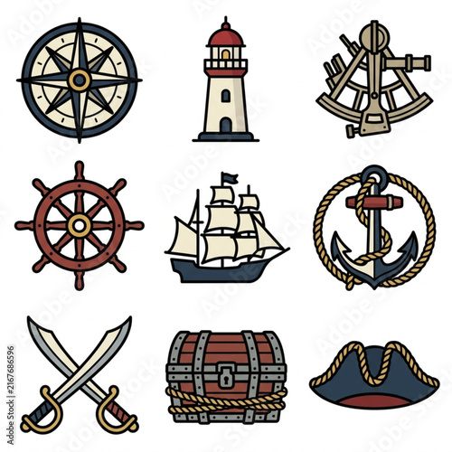 Bild auf Leinwand Nautical Icons Collection Featuring Ships and Navigation Tools.