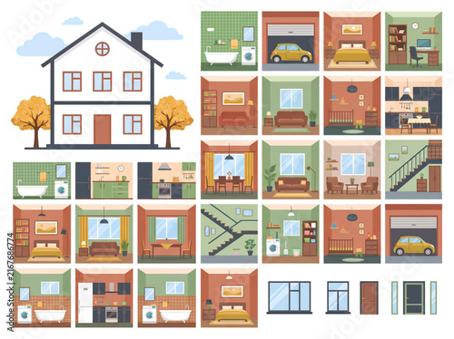 Vector illustration of Home interior design infographic with house rooms furniture layouts and architectural elements