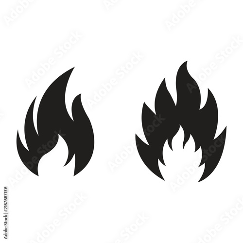 Two black fire flame vector icons isolated on a white background with silhouette