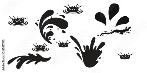 Collection of black water splash and droplet silhouettes on white background