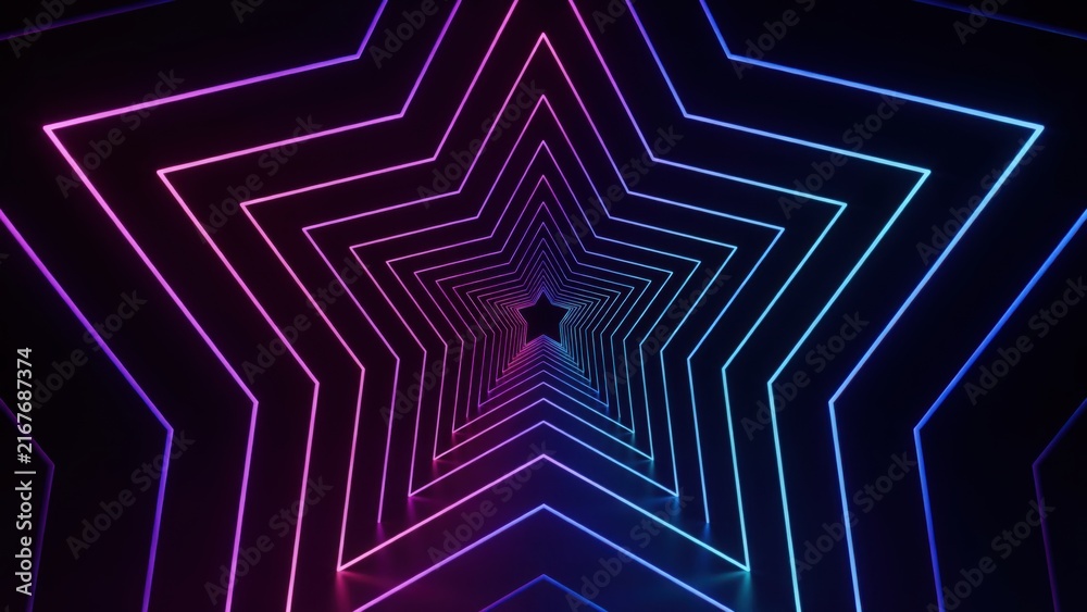Naklejka premium Futuristic neon star tunnel glowing with vibrant pink and blue light in a dark digital space. Perfect for technology backgrounds and modern music festival visuals.