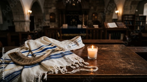 Jewish prayer items on table. Shofar, tallit, and holy book for Yom Kippur or Rosh Hashanah. Spiritual background