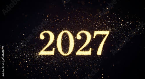 Golden glowing number 2027 isolated on a black background with sparkling dust particles for a happy new year celebration