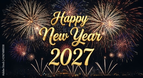 Festive happy new year 2027 greeting card design featuring bright golden text against a background of colorful night fireworks