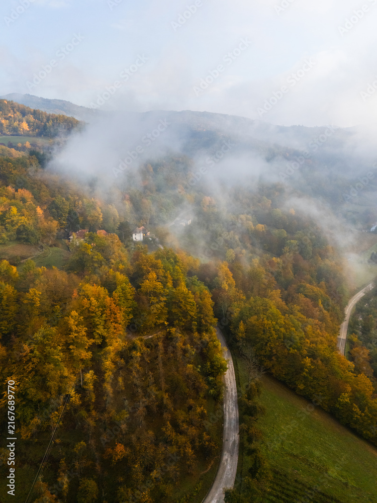 Fototapeta premium Drone perspective of a winding serpentine forest road during peak autumn foliage season
