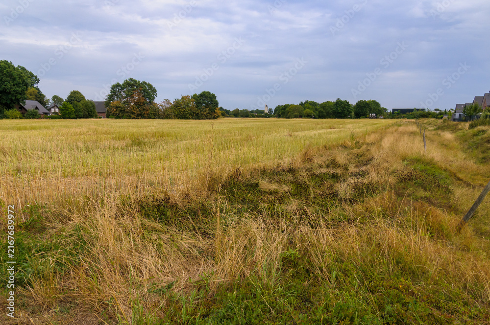 Obraz premium Wide view of harvested stubble field in rural countryside under cloudy sky 