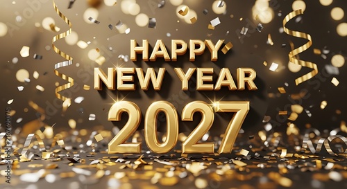Golden happy new year 2027 text with falling confetti and shiny ribbons on a dark luxury festive background