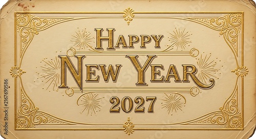 Vintage style gold embossed greeting card design featuring an elegant happy new year 2027 message on textured paper