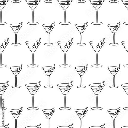 Martini garnished olives on a skewer. Repeating pattern. Seamless background of glasses and canapes.