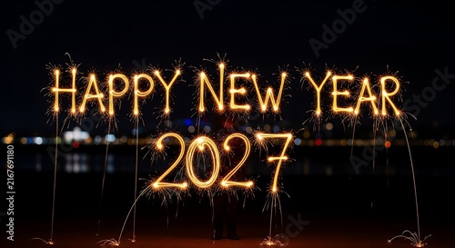 Sparkling golden text reading happy new year 2027 glowing against a dark night background for festive holiday season celebrations