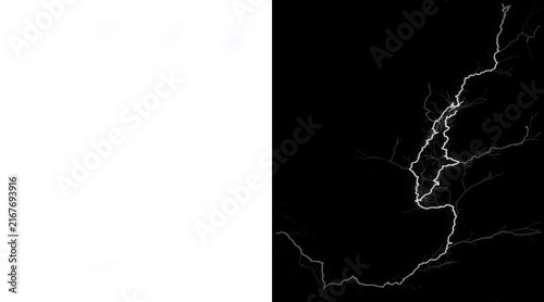 Canvas Print Dramatic lightning bolt on black background, electric storm strike alpha mask, w