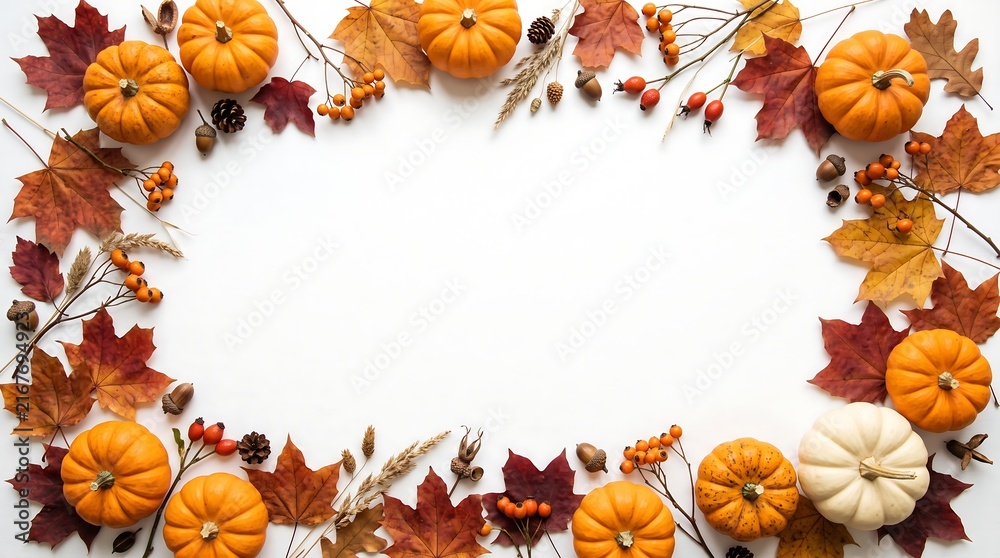 Fototapeta premium A festive halloween border frame made of colorful autumn leaves and small pumpkins isolated on a white background with empty space for your holiday text