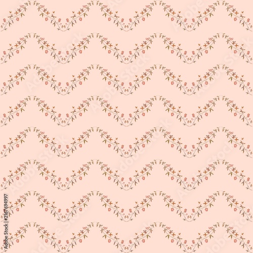 Charming vintage pattern of delicate botanical garlands arranged in graceful waves over a soft blush background, decorated with tiny berries and autumn leaves for a romantic timeless look.