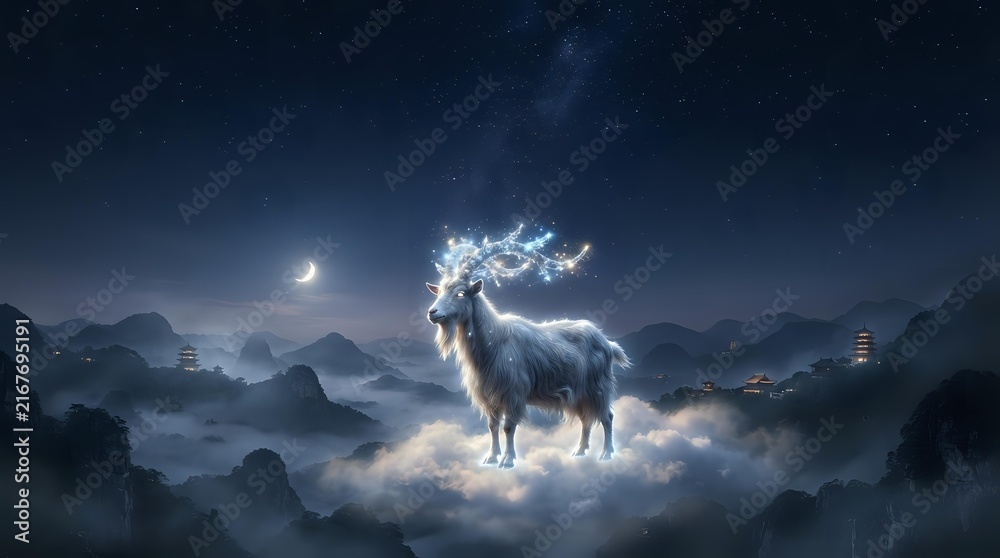 Obraz premium Majestic white llama standing among clouds in mystical mountain