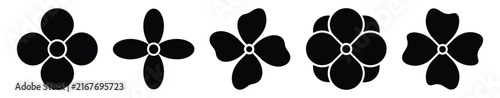 Five different flower with four petals each, simple floral silhouettes for design elements