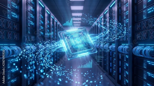 High-tech data center with blue status LEDs, particle streams, and rising graph bars.