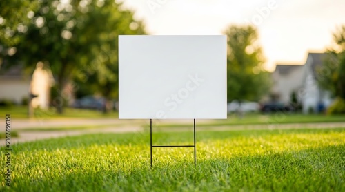 Blank white advertising sign on a green grass lawn in a residential neighborhood.